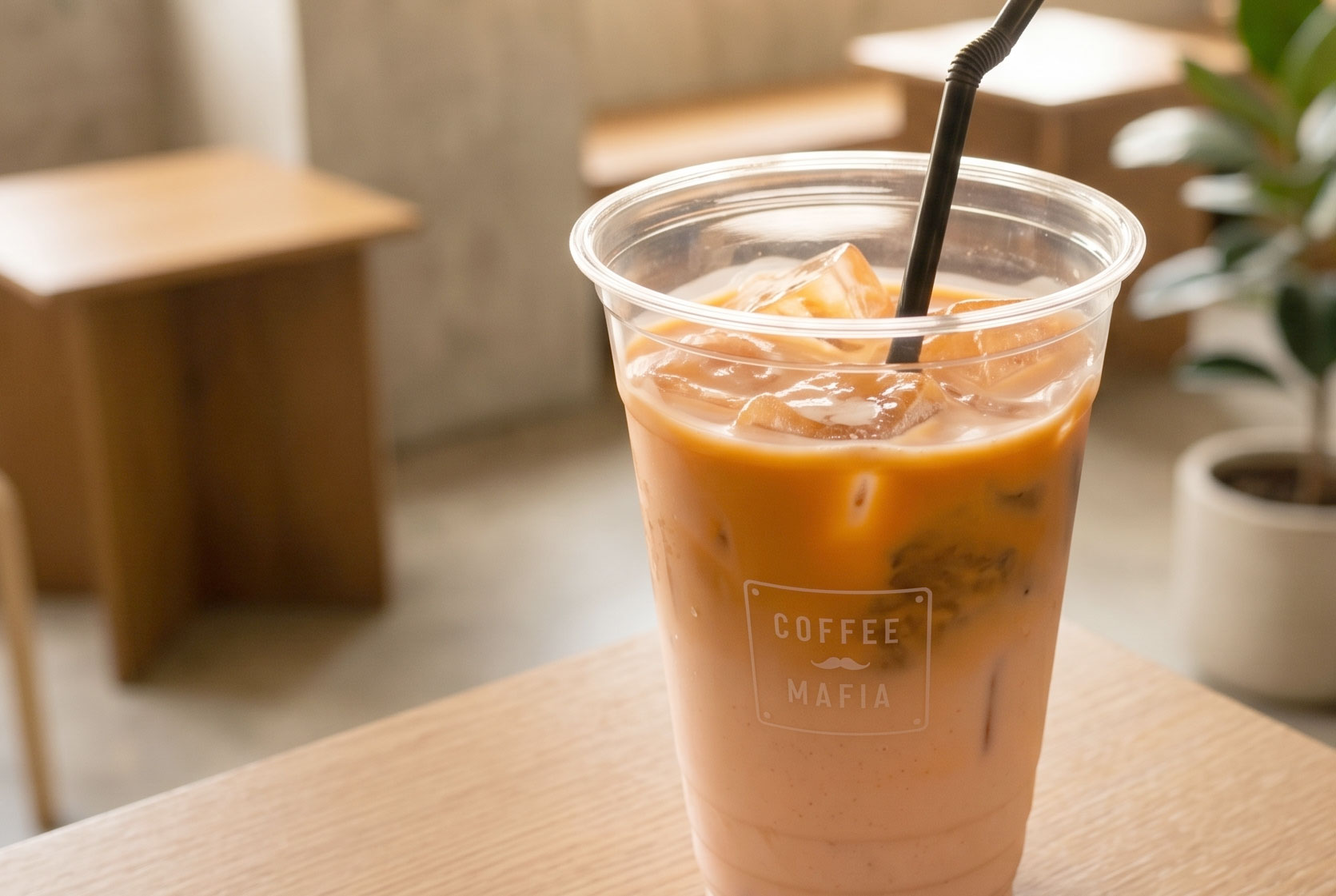 coffee mafiaのロゴ入りカップのアイスカフェオレ